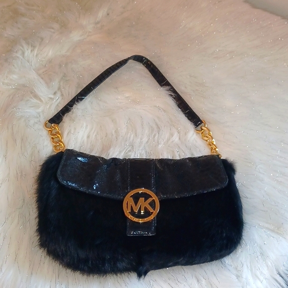 MICHAEL KORS FULTON BLACK RABBIT FUR+PYTHON LEATHER+ CLUTCH,SHOULDER BAG - Picture 3 of 7
